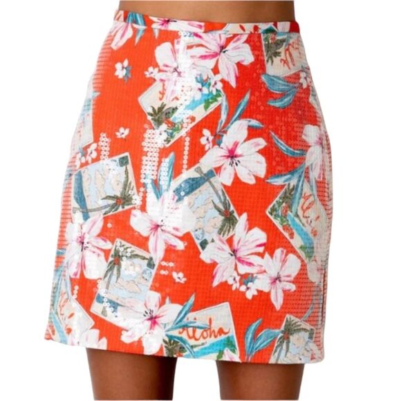 Le Superbe Sequin Tropical Postcard Mini Skirt in Red Aloha Shimmer Floral Lined
